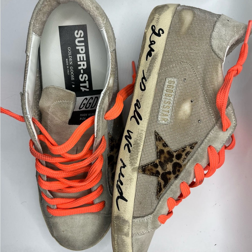 Golden Goose Sneakers with Orange Laces and Leopard Accent